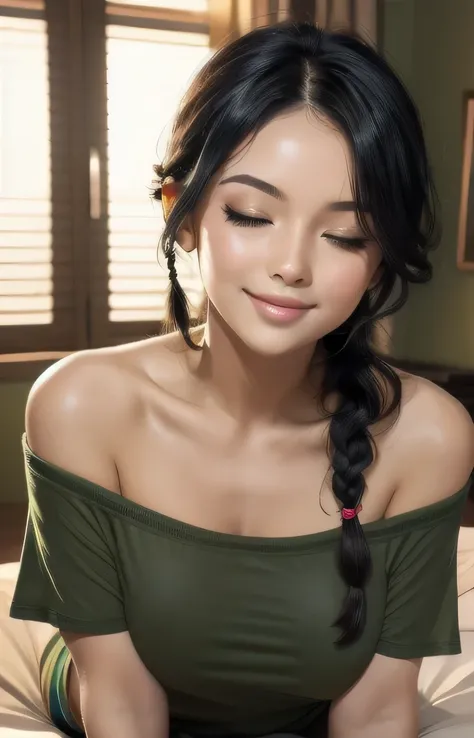 Sexy woman, black hair, single braid, long forehead, eyes closed, lips parted smiling, deepest blush, off shoulder olive green t shirt and blue short shorts, lying on bed, very seductive, aroused