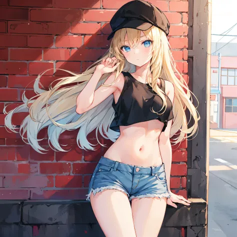 Beautiful illustration, best quality, cute girl, in front of a brick wall, urban, pastel color, neon tones, Black cap, blonde long hair, white crop top, denim shorts, sneakers, bright lighting, light blue eyes