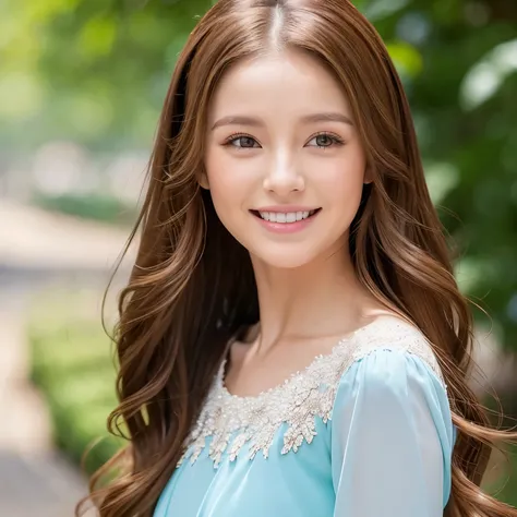 Chestnut girl,Brown eyes, tez blanca, sonrisa encantadora, medium brown hair, vestido estilo princesa azul, flequillo de costado