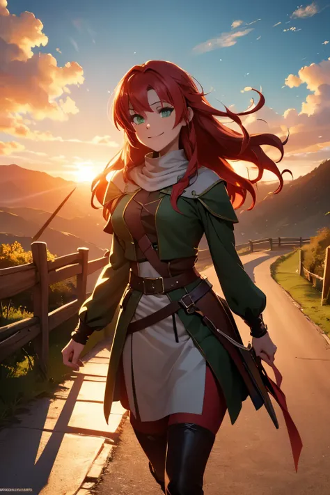 8k wallpaper, masterpiece, movie lighting, medieval setting, beautiful female rogue with red hair and greenish eyes walking on a...