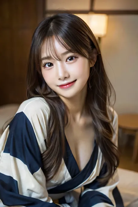 Tabletop, highest quality, figure, Very detailed, In detail, High resolution, 8k wallpaper, Perfect dynamic composition, hostel、yukata、futon、Beautiful fine eyes when you wake up, Long Hair,Center of chest, Natural color lip, Bold sexy pose,smile,20-year-ol...