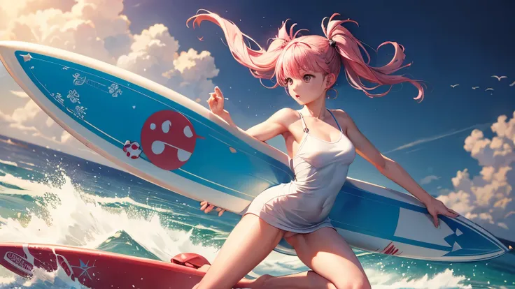 ((masterpiece, highest quality)), 8K, Super Speed Spinner,1 person,  Kirisaki Mai, Woman with short pigtails, Pink Hair, , Slender Body, Shoulder Bare, Wear a simple white mini dress, A futuristic surfboard floating in the air, action, 