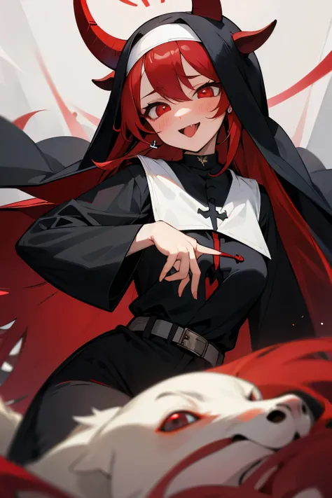 Love in the eyes, long red hair, red pupils, blushing, Cute, wide open mouth, show tongue, rolling eyes, black nun outfit, goat horn, black earring