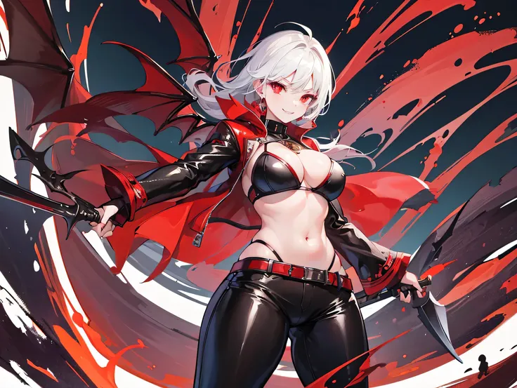 (masterpiece, best quality:1.2), mature curvy female dragon girl, solo, leather bra, leather pants, red eyes, red-black demon wings. smiling, fangs, holding trident, powerful stance , white hair