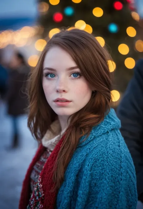 photograph of a cute adult girl, cabello rojo, pale skin, pecas, rubor, Inocente,  y cara juvenil, ojos azul plateado, usando una capa, festival de navidad de la ciudad, nevada, Porta 160 color, disparo en ARRI ALEXA 65, bokeh, afilado focus on subject, di...