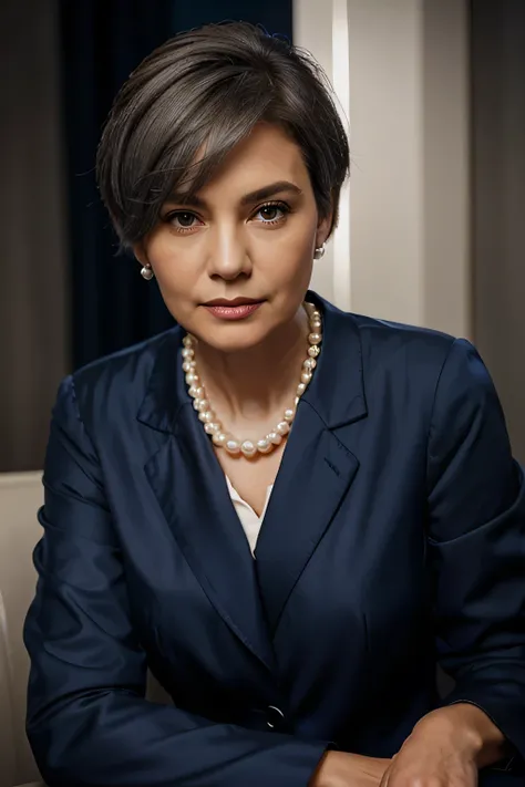 woman age 60 years, Pearl necklace, suit, dark blue jacket, short haircut, Gray hair, (photorealistic