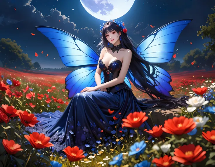 high details, best quality, 16k, RAW, [best detailed], masterpiece, best quality, (extremely detailed), full body, ultra wide shot, photorealistic, dark fantasy art, goth art, RPG art, D&D art, a picture of a dark female fairy resting in a flower meadow, e...