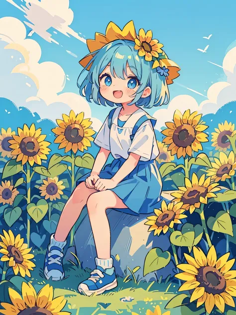 super high quality　Super high quality　masterpiece　short hair　Girl　Light blue hair　The whole body is shown　laughing　Upper and lower body(1:1)　summer　blue sky　sunflower　　Eye highlights　look at the viewer,　Sitting on a sunflower　Short legs