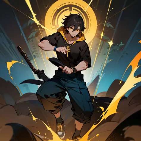 high resolution, adult man, toned, mexican, japanese, dark brown fluffy hair, yellow eyes, black and gold hoodie, black t-shirt, dark blue cargo pants, dark blue and white shoes, cross necklace, watch, holding a bo staff, in a forest
