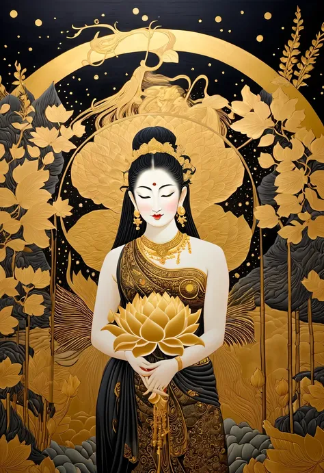 ((masterpiece, highest quality, Highest image quality, High resolution)), ((Extremely detailed CG unified 8k wallpaper)), a black and gold painting of a moon goddess with lotus flowers, (intricate classic art, Monochrome, black and gold, woodblock print:1....