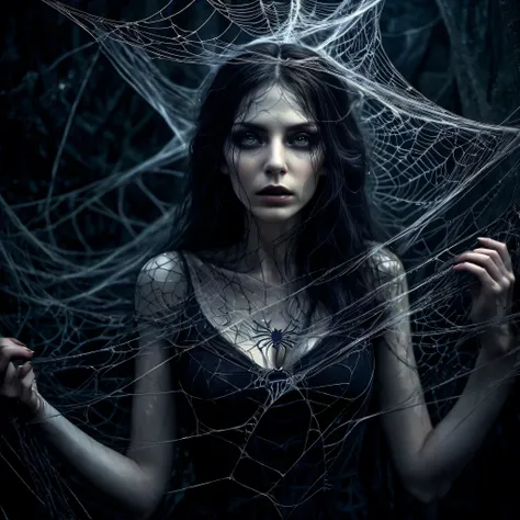 (highres,realistic) a woman entangled in the spider's web, cobweb, dark atmosphere, eerie, dimly lit, intense, struggling figure...