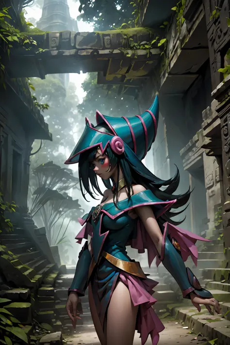 hermosa dark magician gils. she is in the mayan jungle. en medio de las ruinas mayas de tikal.