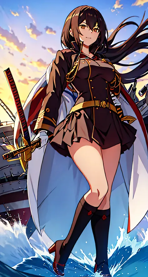 mikasa de azur lane, haciendo una pose con su katana, sonriendo a la camara