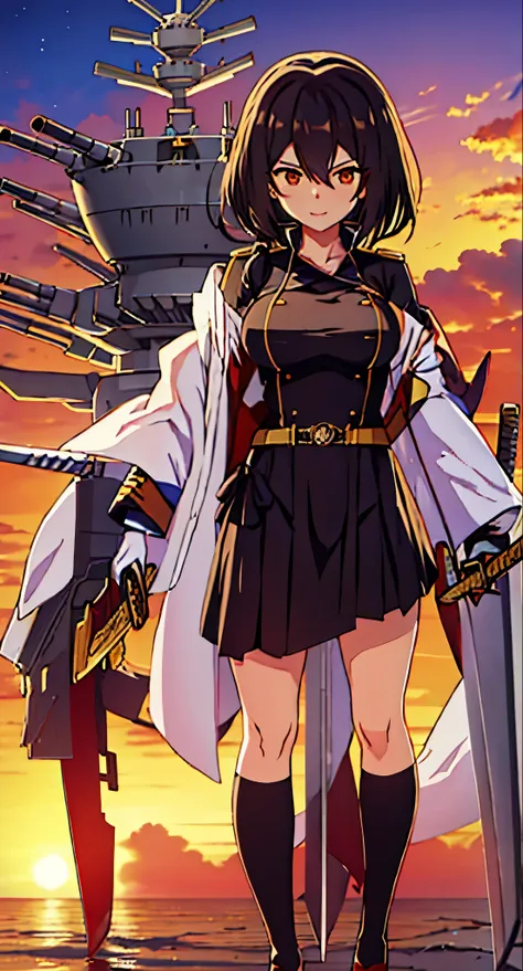 mikasa de azur lane, haciendo una pose con su katana, sonriendo a la camara