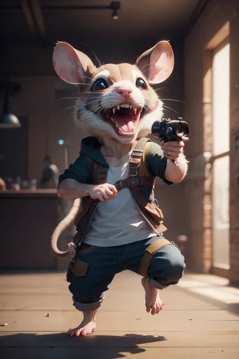 Rat between screaming and shooting super cute, realistic, 4K, super detailed, vray rendering, unreal engine, midjourneyart style,dance