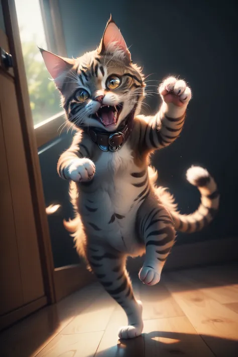 cat between screaming and shooting super cute, realistic, 4K, super detailed, vray rendering, unreal engine, midjourneyart style,dance