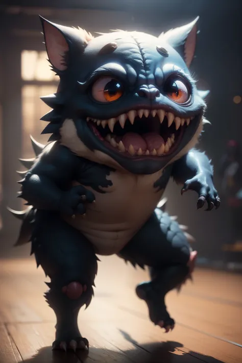 cute little monster between screaming and shooting super cute, realistic, 4K, super detailed, vray rendering, unreal engine, midjourneyart style,dance