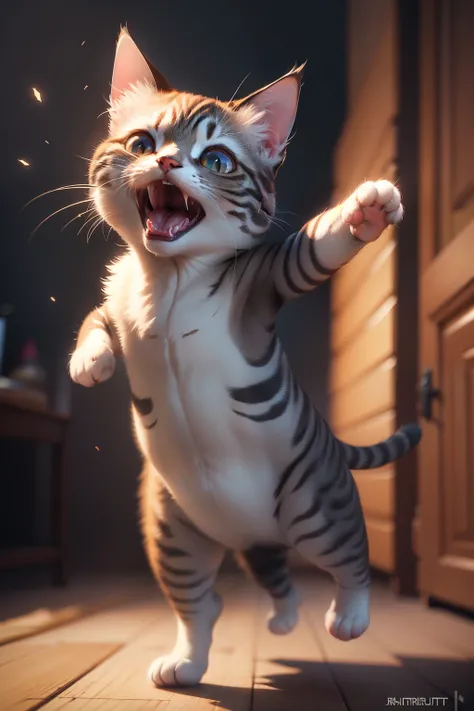 cat between screaming and shooting super cute, realistic, 4K, super detailed, vray rendering, unreal engine, midjourneyart style,dance