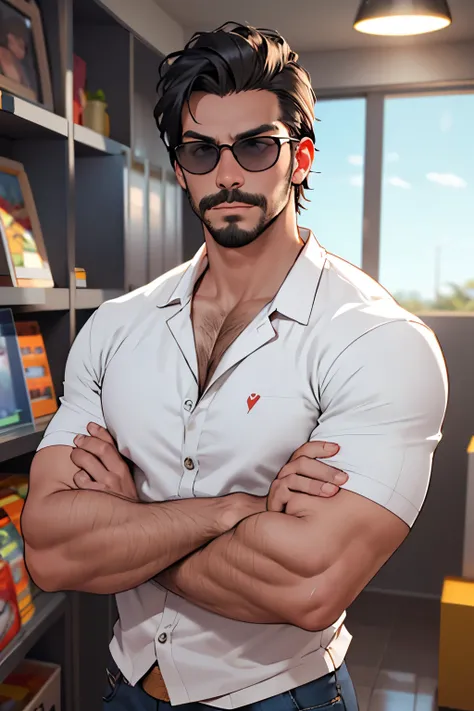 estilo pixar desenho 3d homem jovem de 27 anos bonito estiloso cabelo preto com barba e bigode preto, white clothes sunglasses arms crossed, foto retrato