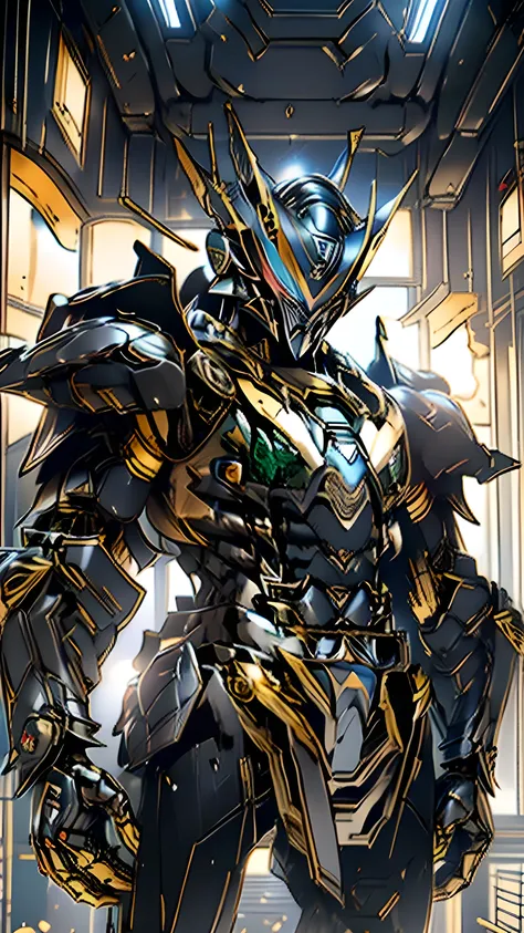 Close-up of a toy figure of a man with a sword., Golden cat armor knight, Kamen Rider action poses, Kamen Rider High Fantasy, Warrior Platinum Armor, Golden obsidian armor, Kamen Rider Character, Heavy Golden obsidian armor, Japanese cyber style armor, Jap...