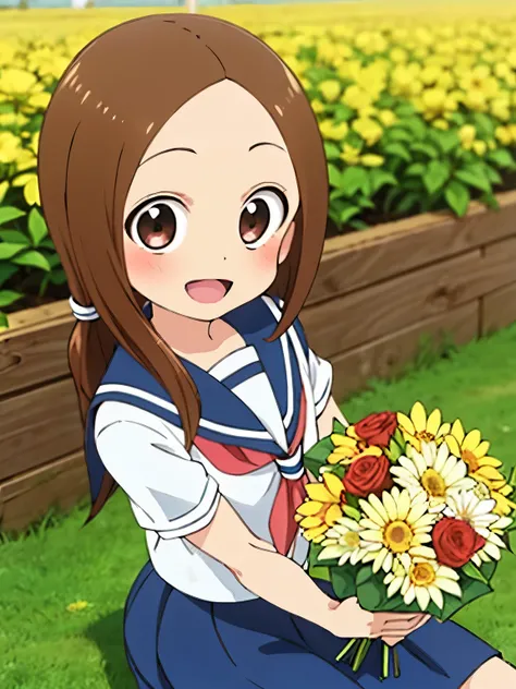 1girl, solo, flower, brown hair, smile, open mouth, hair ornament, looking at viewer, holding, dress, hair flower, sitting, white dress, blush, floral print, :d, wariza, blue flower, long hair, holding flower, bangs, colorful, multicolored eyes, red flower...