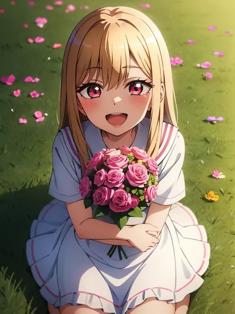 1girl, solo, flower, blonde hair, smile, open mouth, hair ornament, looking at viewer, holding, dress, hair flower, sitting, whi...