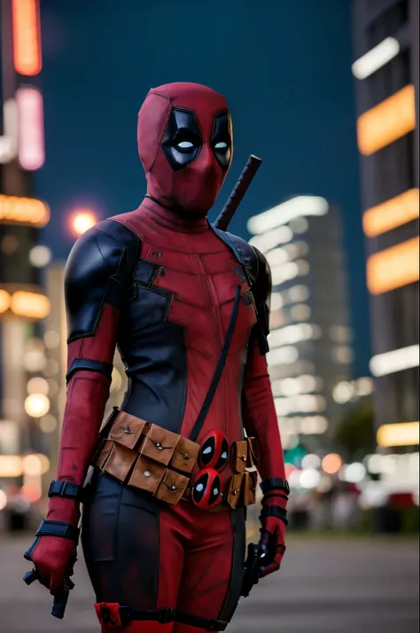 a woman , (wearing deadpool_cosplay_outfit:1.3), good hand,4k, high-res, masterpiece, best quality, head:1.3,((hasselblad photog...