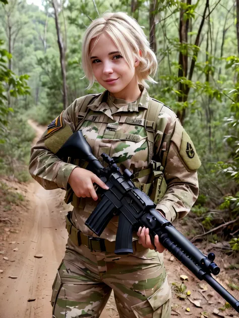 a female soldier named (monroe : 1.5) wearing full army uniform and rolding a hunting rifle in the middle of the woods in africa