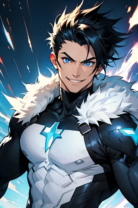 man, white skin, smile, strong, black spiky hair, anime style, style, superhero costume, blue eyes