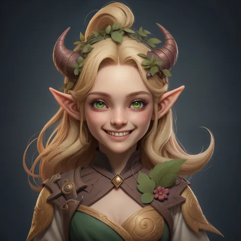 solo, mare,confident, grin, looking at viewermagic,coloful,cute,pretty,masterpiece,4k,beautiful,detailed,smile,feminine,thin,faun,silf,elf,13 years old girl,blond haired girl with horns and green leaves on her head, detailed digital,loish and wlop, cute de...