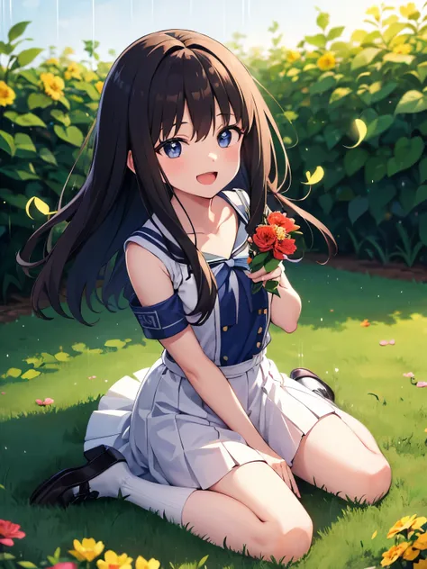 1girl, solo, flower, black hair, smile, open mouth, hair ornament, looking at viewer, holding, dress, hair flower, sitting, white dress, blush, floral print, :d, wariza, blue flower, long hair, holding flower, bangs, colorful, multicolored eyes, red flower...