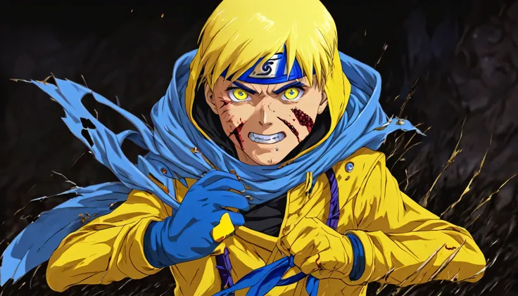 smile, Blood_Skeletor, Bright Eyes, One boy, uzumaki naruto, Blonde, Yellow clothes, Finding, Finding, Battle Damage, alone, Torn clothes, Serious expression, Very detailed, anime, High resolution, masterpiece, drawing, 8k, Professional, Symmetric, (Fine g...