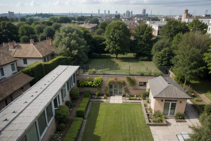 View from the top of a hospital building with a garden on the roof view from above with more plants without houses next to it without houses next to it with grass around it 

