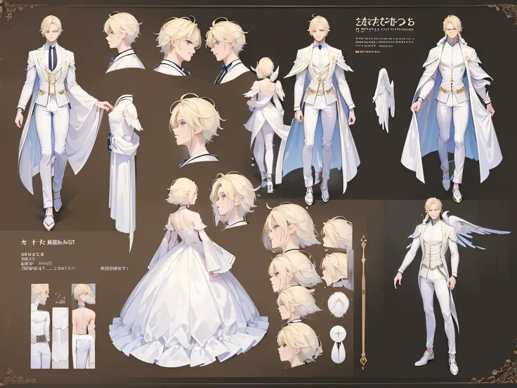 ((Masterpiece, Highest quality)), Male, boy, Detailed face, character design sheet， full bodyesbian, Full of details, frontal body view, back body view, Highly detailed, Depth, Many parts, angel wings, angel outfit, Muscle boy with blonde hair bangs，handso...