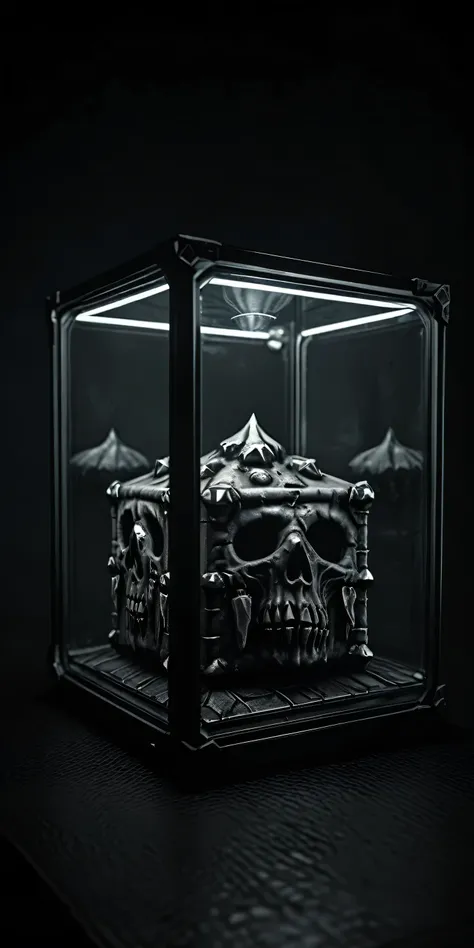 (((darkest dungeon style))), ((darkest dungeon item)), item art, gray sky in a black metal glass cube, gray sky in a cube, dark background, (dark lighting), many shadows, cold lights, dark art, highly detailed, extremely detailed, masterpiece