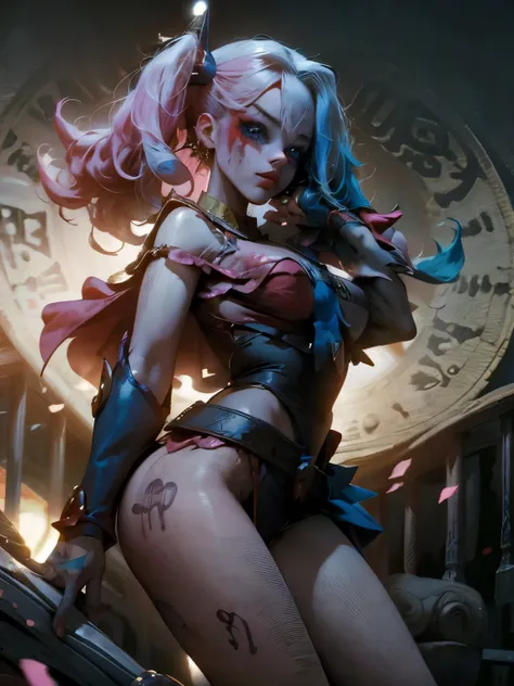 Maga oscura gils vestida de Harley Quinn. Tiene cabello rubio y negro. Ojos azules. Labios rojos. Gils, el mago oscuro, se viste como Harley Quinn. Pose sensual y inocente. Fondo de circo y magia.