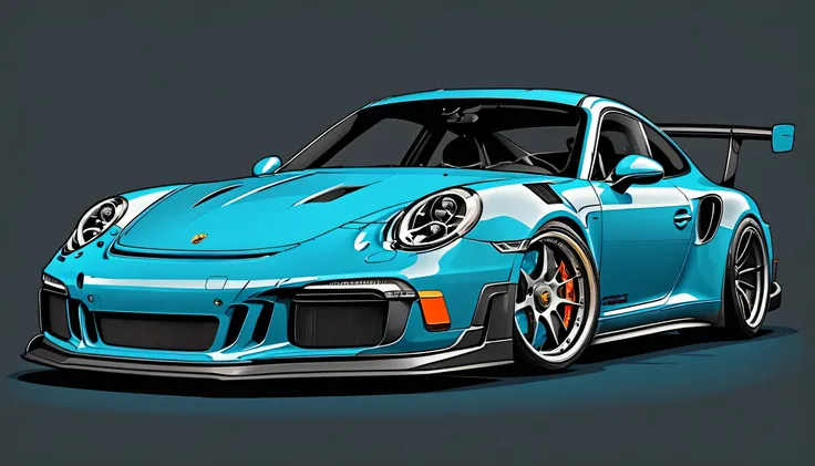Miami Blue Porsche 911 rwb, pop art,  cartoonish style , sketch, detailed illustration, large wheels, wide bodykit ((([Dark grey background])))