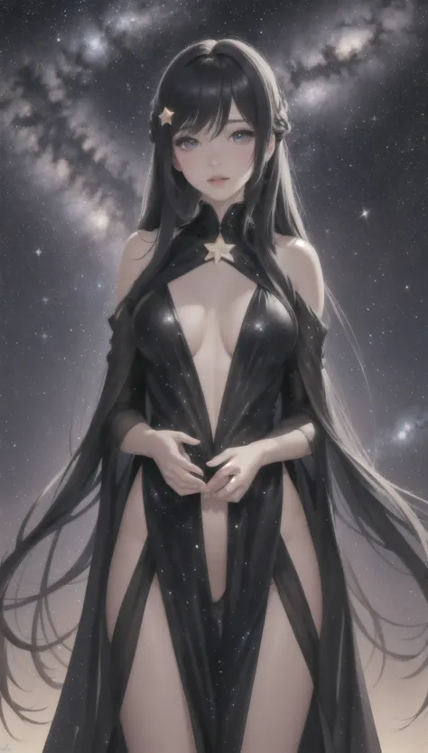 girl allegory of the night, chic transparent black clothes, fancy star pattern, in the hands of a thin month, sensual lips, complex evening hairstyle in the hair of a star, around the glow of galaxies, Milky Way,  light dispersion, overflow, hyperrealism, ...