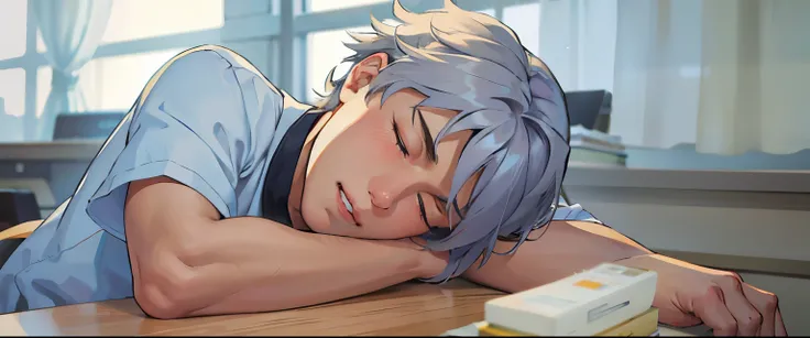 There is an 18-year-old boy with short gray hair asleep on his high school desk in a white short-sleeved shirt.