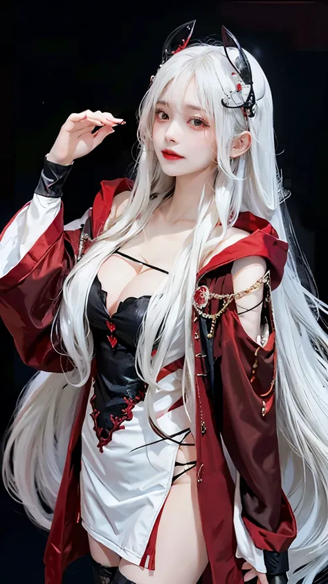 Long white hair - Red eyes - Black hair accessory - Hoodie - Elegant - Mysterious - Less revealing - Modest - Unique - Smiling face - Attractive - Presence