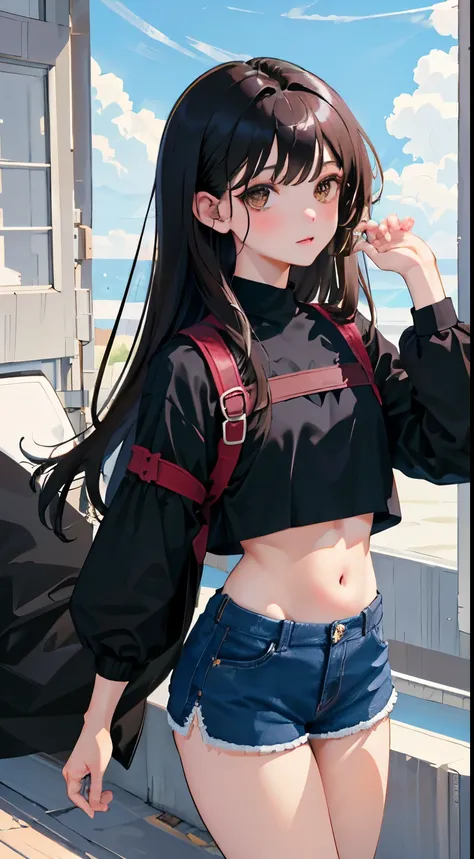 Overlooking，highest quality，Beautiful face in every detail，cute，Dark brown eyes，(背の低いcute女の子，Small young student，Young delicate girl）,（masterpiece，Top quality)，Black Hair，Sleepy expression，Crop Top Look，Black Shirt，Shorts