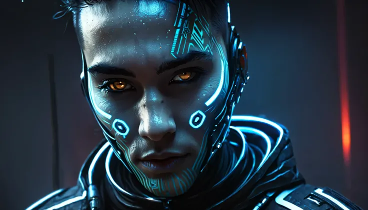 Detailed portrait cyberpunk (sks man), Futuristic neon reflective clothing, Science fiction, Robot parts, Ismail Inceoglu Dragon Bibin Hans Thomas Greg Rutkowski Alexander Piromalis Necro Rene Margit Illustrations, Perfect Face,  ((tattoo)), , Matte skin, ...