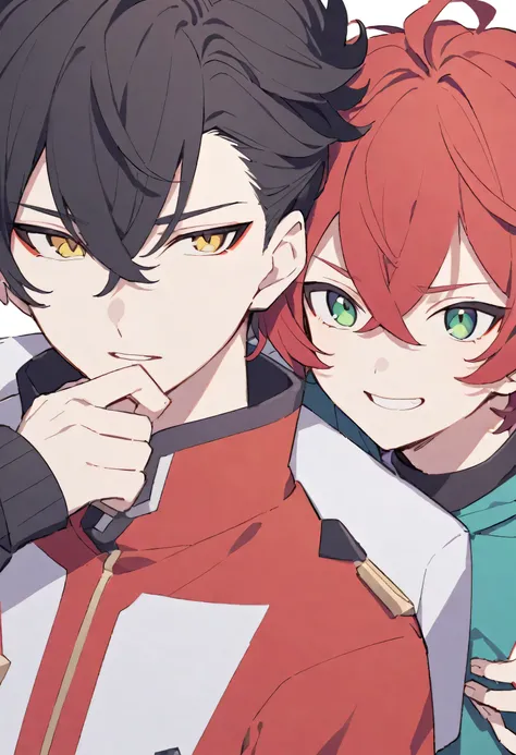 A biography of a voy with black hair and yellow eyes, he is 185 cm, he is 18,he is a handsome guy, he is with a boy with red hair and green eyes