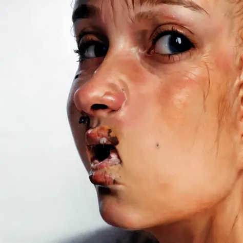 A woman walks with a toothbrush in her mouth, Patricia Piccinini, Split chin, deformed face, scar on face, Charlie Immer and Jenny Saville, scar on face, Red cheeks, fleshy creature above her mouth, peeling of the skin of the face, Jenny Saville and Nicola...