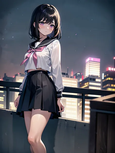 A girl with short, dark brown lob hair stands on the rooftop of a high-rise building overlooking Tokyo late at night.、A high school student wearing a white and black sailor uniform with a pale pink ribbon、She wears a large witch&#39;s hat with a small sapp...