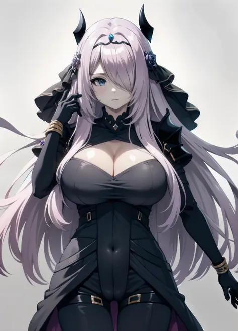 victoria horns, tiara, veil, black bodysuit, shoulder armor, long sleeves, cleavage cutout, black gloves, black overskirt, black pants,(((enormous huge breast,))
