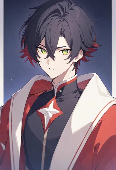 A biography of a voy with black hair and yellow eyes, he is 185 cm, he is 18,he is a handsome guy, he is with a boy with red hair and green eyes he is 190 cm