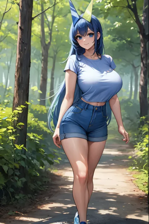 a woman wearing a casual blue shirt, white denim shorts, exposed thigh, sky long hair, sky blue eyes, sports shoes, walking in a forest park, concrete floor, big breasts, smiling.HDR, masterpiece, well defined, ultra resolution, high quality, 8k HD. (just ...