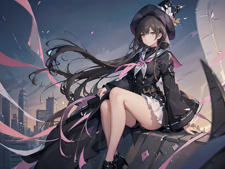 A girl with short, dark brown lob hair stands on the rooftop of a high-rise building overlooking Tokyo late at night.、A high school student wearing a white and black sailor uniform with a pale pink ribbon、She wears a large witch&#39;s hat with a small sapp...