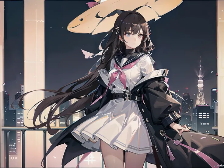 A girl with short dark brown lob hair standing on the rooftop of a high-rise building overlooking Tokyo late at night、A high school student wearing a white and black sailor uniform with a pale pink ribbon、She wears a large witch&#39;s hat with a small sapp...